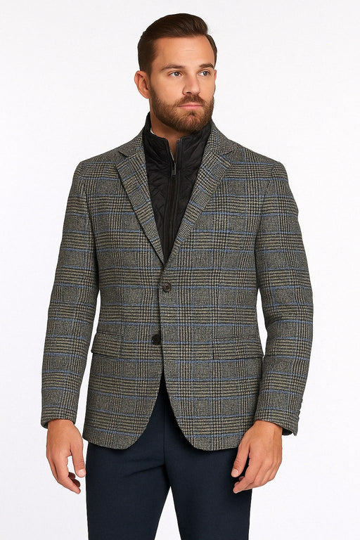 Mens Grey and Blue Glen Check Wool Blazer with Quilted Inner Layer