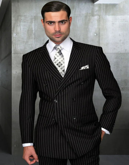 Mens Italian Wool Suit Color Black - Men's Designer Double Breasted Wool Bold Black Gangster Pinstripe Suit