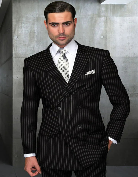 Mens Italian Wool Suit Color Black - Men's Designer Double Breasted Wool Bold Black Gangster Pinstripe Suit