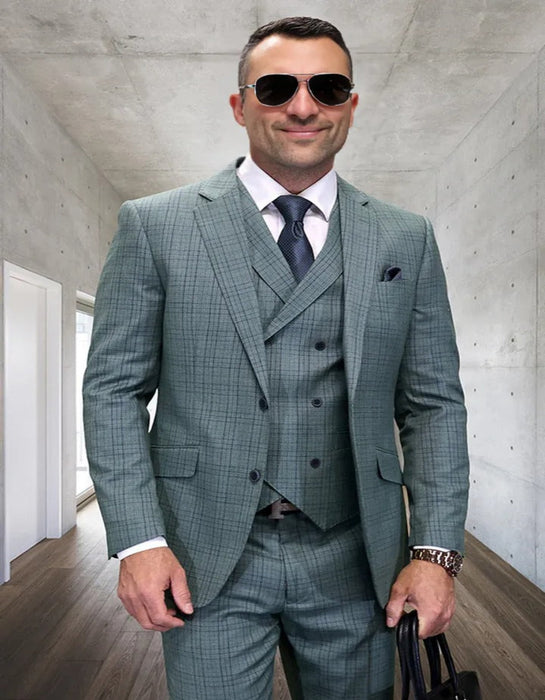 Mens Italian Wool Suit Color Green - Men's Two Button Modern Fit Wool Sage Green Plaid with Double Breasted Suit