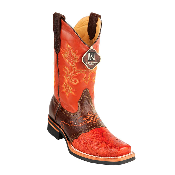 Men's King Exotic Ostrich Leg Boots With Rubber Sole & Saddle Square Toe Cognac (48160503)