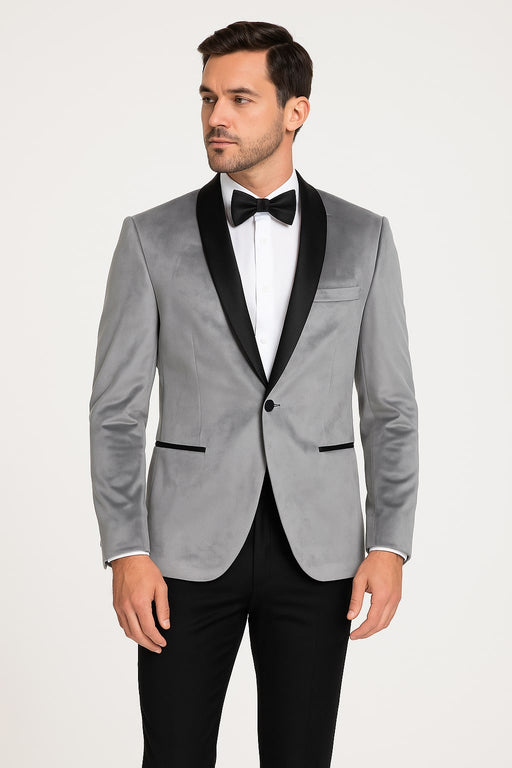 Mens Light Gray Velvet Tuxedo Jacket – Slim Fit Shawl Lapel Formal Blazer + Black Pants Included
