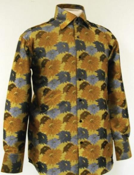Cotton Fabric Fancy Polyester Shirt With Button Cuff Mustard For Men's Night Club Outfit guys Wear For Men Clothing Fashion