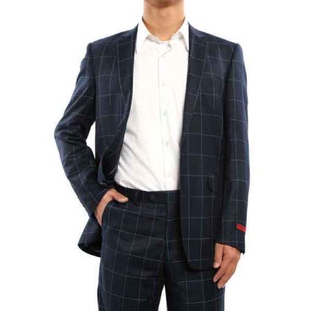Black Plaid Pattern Suit For Men 2 Button Windowpane Italian Super 150's Fabric Suit Side Vented - 100% Percent Wool Fabric Suit - Worsted Wool Business Suit