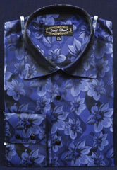 Navy Blue Thick Mandarin Band Fancy Polyester Shirt