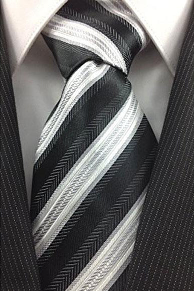 Men's Necktie Black White and Silver Classic Pinstripe Design Fashion Tie -Men's Neck Ties - Mens Dress Tie - Trendy Mens Ties