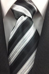 Men's Necktie Black White and Silver Classic Pinstripe Design Fashion Tie -Men's Neck Ties - Mens Dress Tie - Trendy Mens Ties