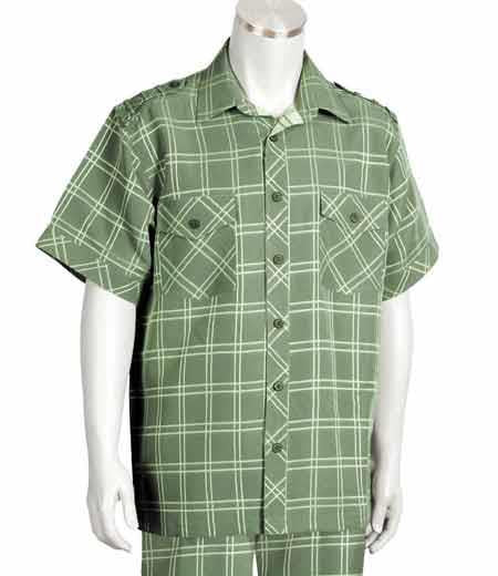 Men's Olive 2 Piece Windowpane Button Front Collar Casual Two Piece Walking Outfit For Sale Pant Sets Suit