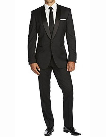 Men's One Button Slim Fit Solid Black Side Vents Tuxedo Suit With Shawl Lapels