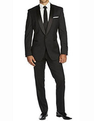 Men's One Button Slim Fit Solid Black Side Vents Tuxedo Suit With Shawl Lapels