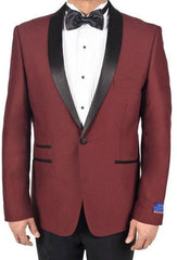 Mens Burgundy ~ Wine ~ Maroon Color 1 Button Tuxedo Solid Pattern Viscose Blend Dinner Jacket Burgundy Tuxedo
