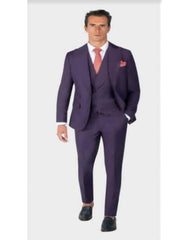 Mens One Button Single Breasted Peak Lapel Double Breasted Vest Ticket Pocket Suit Purple