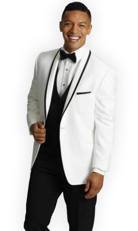 Men'S One Button Tuxedo Trimmed Shawl Lapel White Suit