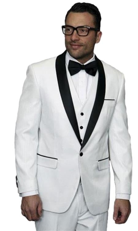 Men'S One Button White Vested Tuxedo Suit With Black Shawl Lapel