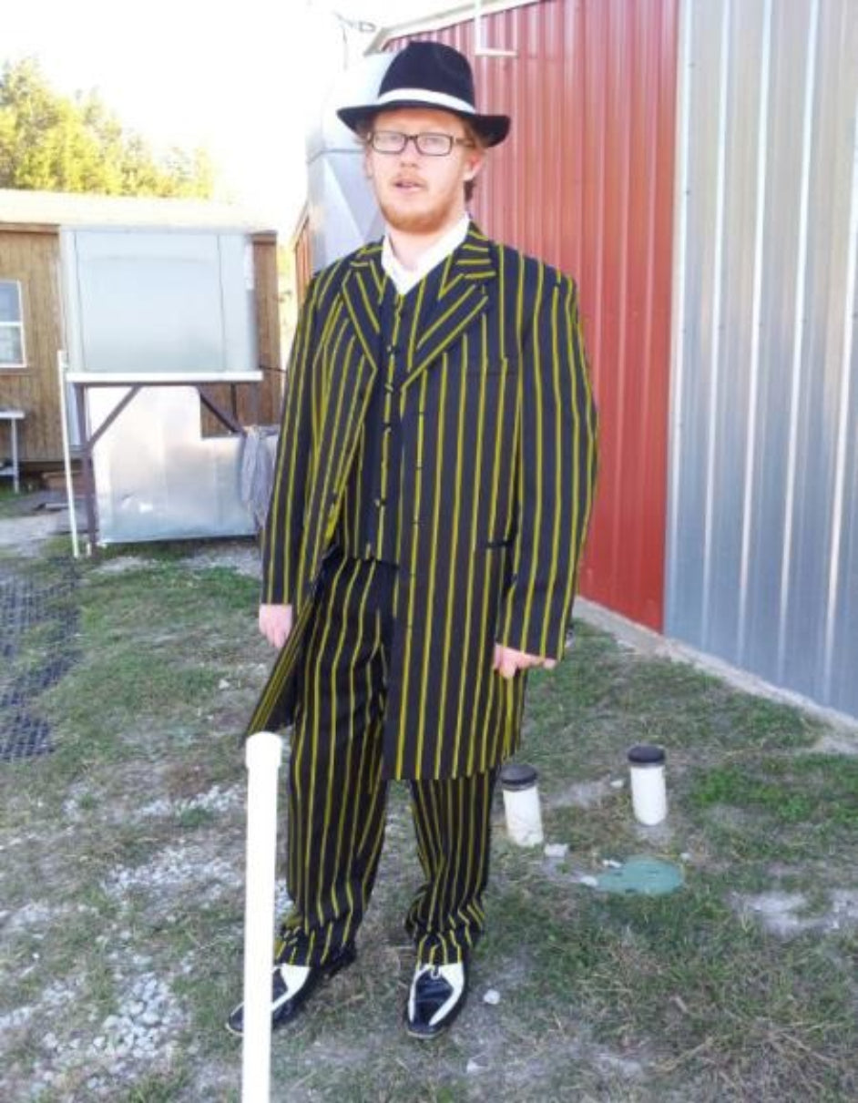 Mens Pinstripes Zoot Suit with Matching Shoes Suit Black and Yellow