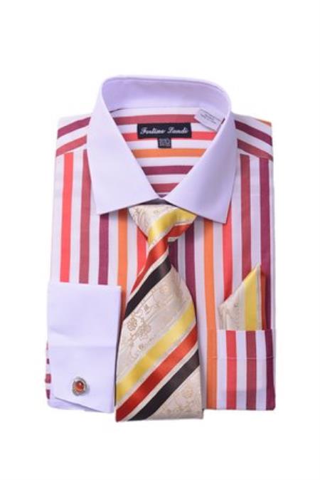 Red Men's White Collar Two Toned Contrast Unique Stripe Fashion Shirt Tie White Collared Contrast  And Hanky Matching Color