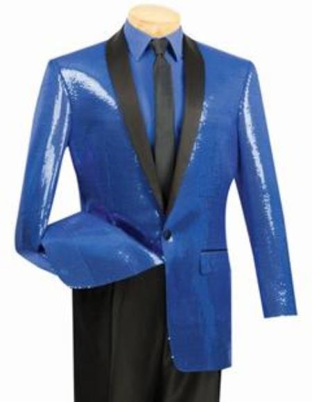 Shiny Flashy Sharkskin Metallic Sapphire Blue Sequin Formal Royal Color Tuxedo Shawl Lapel Sport coat Jacket