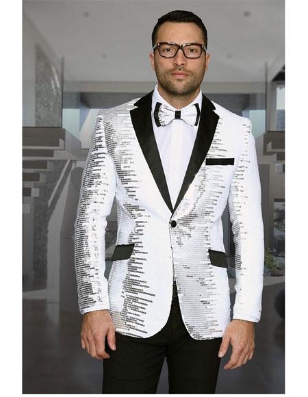 Men'S Shiny Sequin 1 Button White & Black Blazer ~ Black Dinner Jacket