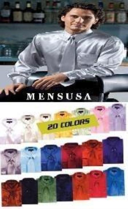 Shiny Silky Satin Dress Shirt/Tie Combo Available In All Colors Men'S Dress Shirt