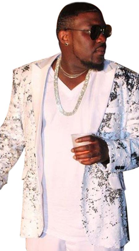 Men's Shiny White ~ Silver Fashion paisley look Black Lapel Tuxedo sportcoat jacket