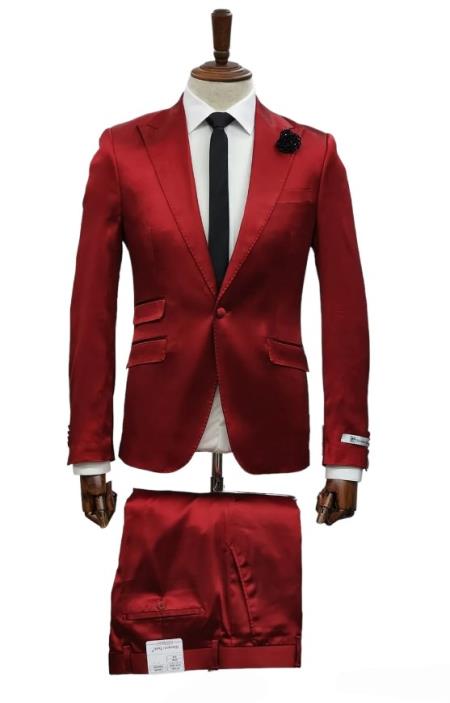 Mens Single Breast Suit Burgundy - Sateen Shiny Fabric Metallic Fabric - Sharskin