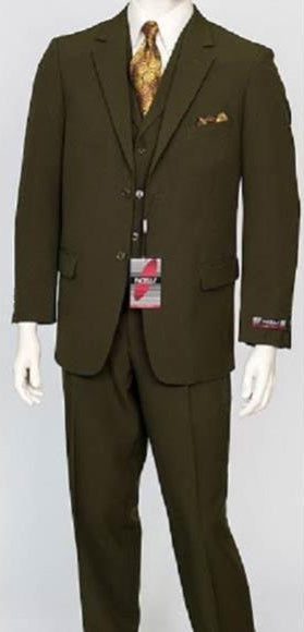 Men's Olive 3 Piece Regular Fit Vest Dress Suit Poly Poplin