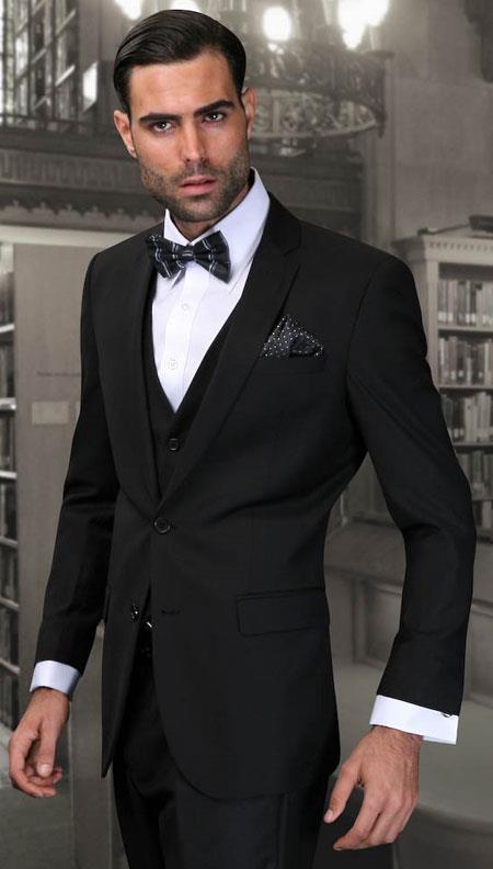 38 European Cut Style Three Piece Black Jacket & Pants Wedding
