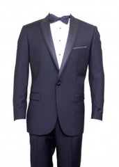Men'S Navy Flap Pocket Top Satin Trim Slim Fit Suit Peak Lapel Tuxedo Suit - Wide Lapel Tuxedo