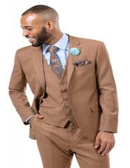 Men's Solid Light Brown - Mocha - Carmel Verk Dark Tan 3 Pieces Vested Suit