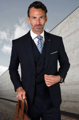 Men's Suit Ticket Pocket - 3 Pocket Navy Suit with Double Breasted Vest