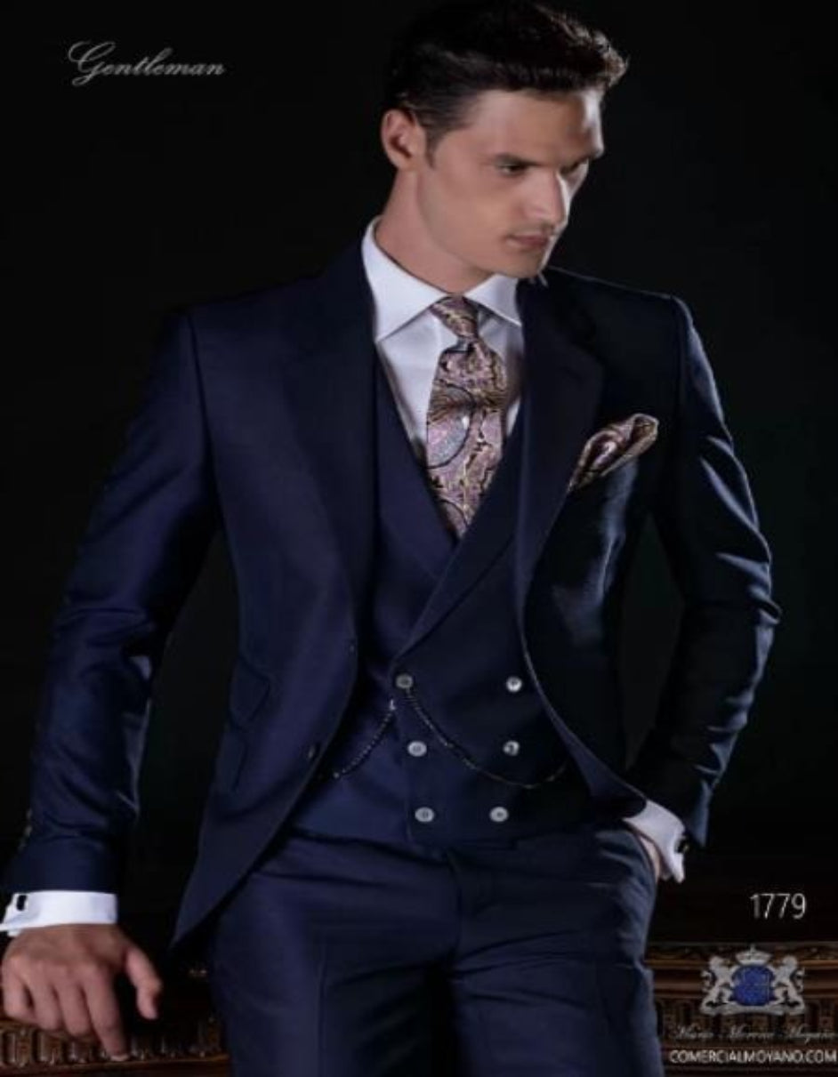 Mens Suit With Double Breasted Vest 100% - Big Peak Lapel Tom Ford Style! - 100% Percent Wool Fabric Suits - Worsted Wool Business Suit