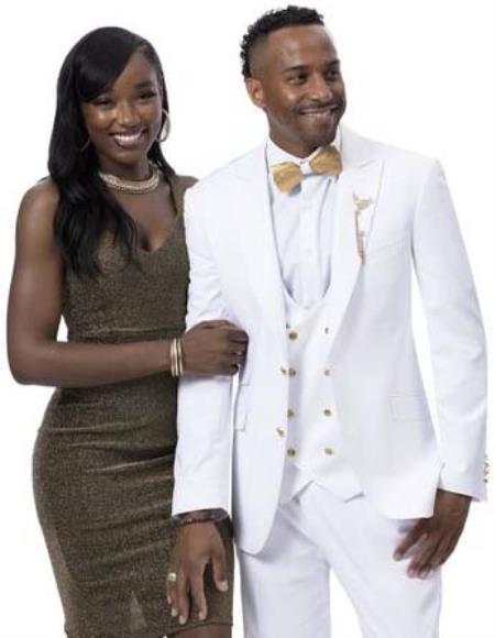 Mens Suit with Gold Buttons White 3 Pieces Double Breasted Vest White