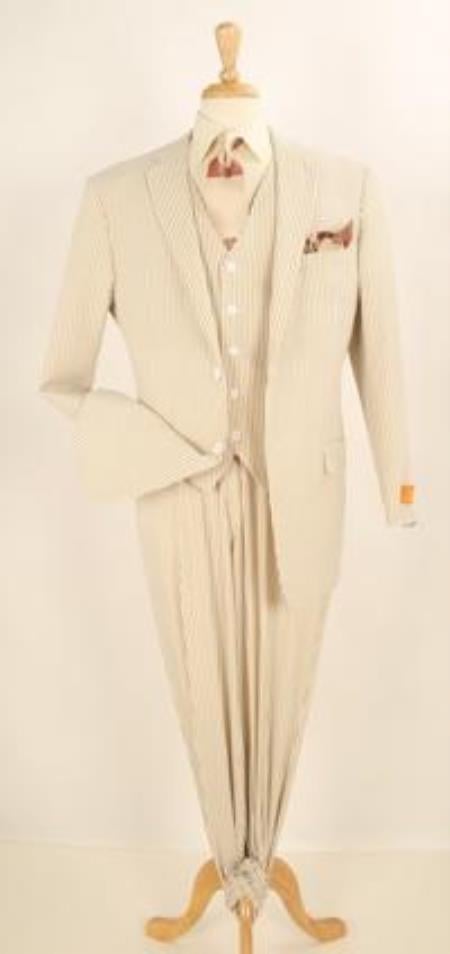 Mens Three Piece Suit - Vested Suit Mens 3 Piece Vested Seersucker Sear Sucker Suit - Flat Front Pants Tan ~ Beige ~ Sand