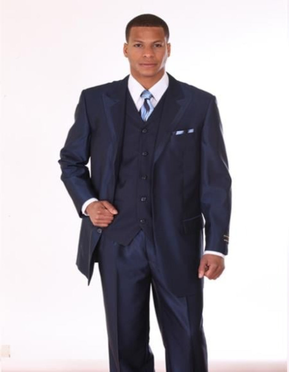 Men'S 3 Piece 3 Buttons Fashion Suit With 2 Tone Lapel Dark Navy - Three Piece Suit