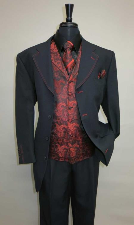 Mens Three Piece Suit - Vested Suits Mens Black/Red Jacket With Bold Vest with matching Tie and Hankie