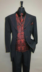 Mens Three Piece Suit - Vested Suits Mens Black/Red Jacket With Bold Vest with matching Tie and Hankie