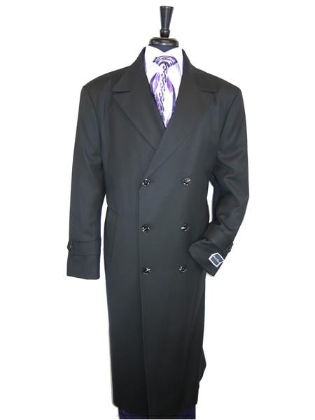 Mens Topcoat Mens Dress Coat Double Breasted 100% Wool Jet Black Overcoat
