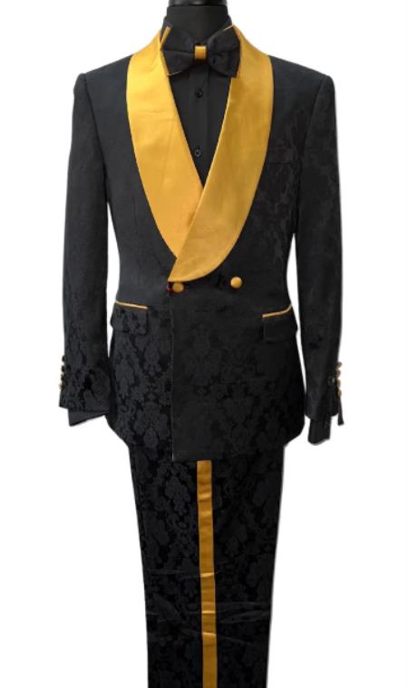 Mens Two Button Double Breasted Shawl Lapel Slim Fit Black And Gold Suit