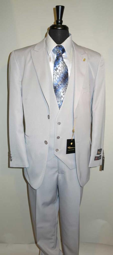 Men's Vested Suit Two Button Peaked Lapel Suit With A Three Button Front Vneck Vest Silver Grey ~ Gray Ash