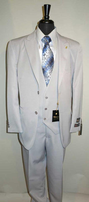 Men's Vested Suit Two Button Peaked Lapel Suit With A Three Button Front Vneck Vest Silver Grey ~ Gray Ash