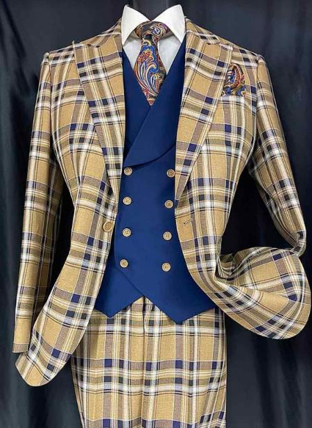 Mens Two Button Peak Lapel Suit Brown ~ Blue