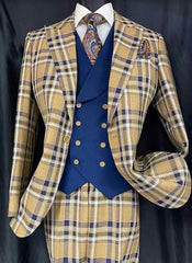 Mens Two Button Peak Lapel Suit Brown ~ Blue