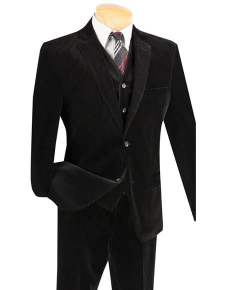 Mens Corduroy Suit Mens Black Two Buttons Pinstripe ~ Stripe corduroy 3 piece vested suits Flat Front Pants - Three Piece Suit