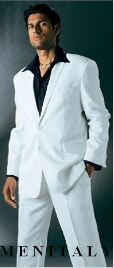 FF3V White Suits For Men With Flat Front No Pleat Pants With Free Matching Black Shirt (Picture)