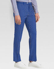 Men’s slacks Royal Blue Ganagster Chalk Striped ~ Pinstripe 1920's Style Flat Front or Pleated Pants Available In Big And Tall unhemmed unfinished bottom