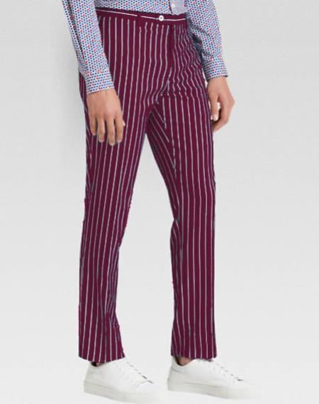 Men’s slacks Wine Ganagster Chalk Striped ~ Pinstripe 1920's Style Flat Front or Pleated Pants Available In Big And Tall unhemmed unfinished bottom