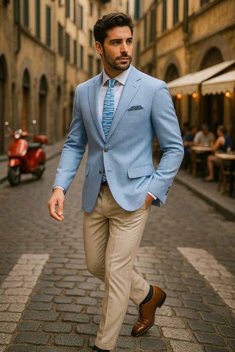 Mens Blazer - Cheap Priced Mens Sport Coat - Mens Classic Two Button Linen & Cotton Summer Sport Coat Blazer In Sky Blue Houndstooth