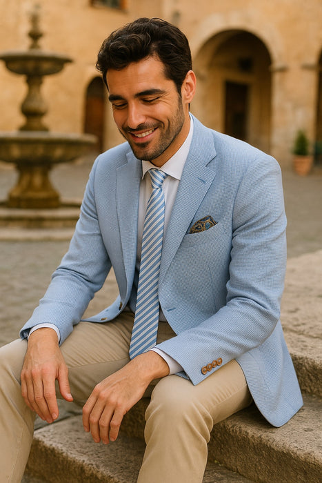 Mens Blazer - Cheap Priced Mens Sport Coat - Mens Classic Two Button Linen & Cotton Summer Sport Coat Blazer In Sky Blue Houndstooth