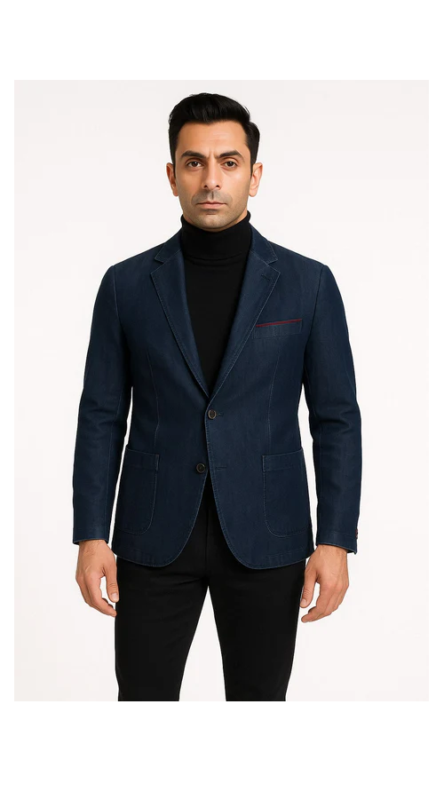 Mens Dark Blue Denim Casual Blazer with Notch Lapel and Single Button Closure