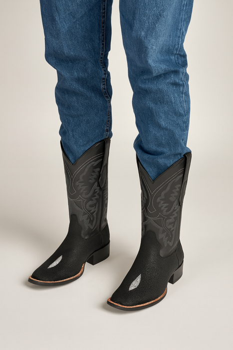 Mens King Exotic Boots Square Toe Stingray Single Stone Black (48221205-)